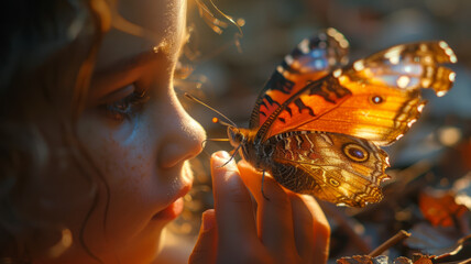 A young girl holding a butterfly in her hand. - Powered by Adobe