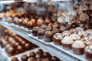 Ai generative. A showcase with chocolate truffles, sweets and a sweet tooth in a factory store, soft natural lighting and a wide-angle lens to showcase delicious treats. Ai generative. 
