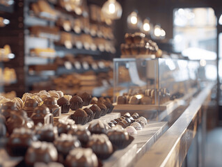 Ai generative. A showcase with chocolate truffles, sweets and a sweet tooth in a factory store, soft natural lighting and a wide-angle lens to showcase delicious treats. Ai generative. 