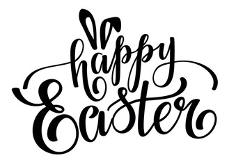 Happy Easter black lettering with bunny ears. Happy Easter brush calligraphy banner.