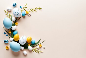 Elegant Easter Eggs and Spring Flowers Arrangement with copy space