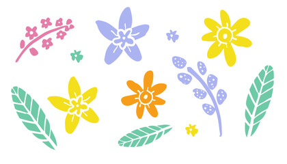 Colourful flowers and brunches. Hand drawn floral elements isolated on white. Spring flower child illustration. Botanical simple vector graphic.