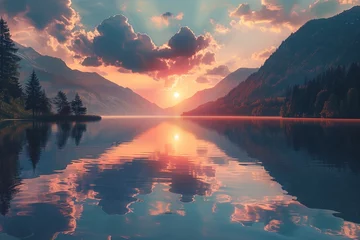 Papier Peint photo autocollant Réflexion Sunset over a calm lake, reflecting the vibrant colors of the sky