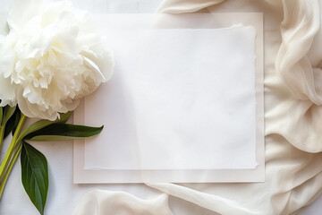 mock up image of paper and flowers on white background, in the style minimalist canvases, white and brown, top view