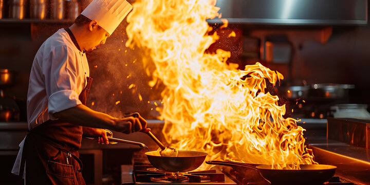 Flames and a chef