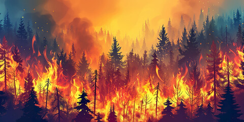 Forest fire in the mountains. Wildfire burns - obrazy, fototapety, plakaty