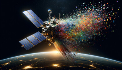 Hyper-realistic satellite disintegrating into vibrant digital particles in deep space.
