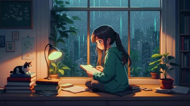 Animated Lo-fi Girl Studying at Night in the Rain Lo-fi Looping Animation