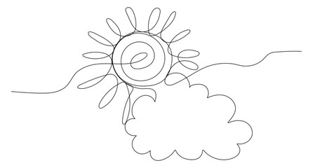 Sun and cloud doodle icon in one line continuous style. Vector weather illustration isolated on white background. 