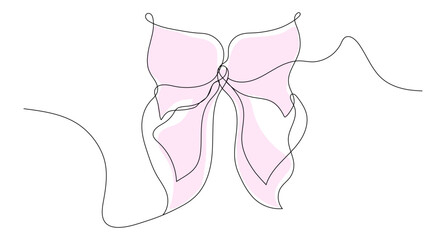 Delicate bow with pink ribbon in continuous line art style. Vector illustration isolated on white background.