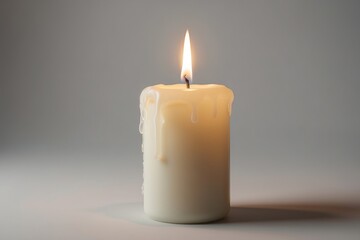 Fototapeta na wymiar Light candle on pale backdrop