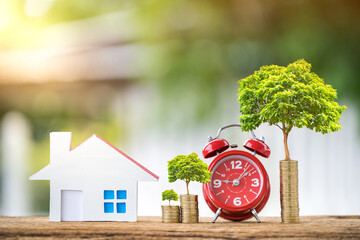 Home model with presenting and stack gold coins and tree growing on the top and alarm clock in...