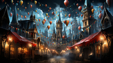 Carnival Party. Ancient night town street decorated by colored balloons. - obrazy, fototapety, plakaty