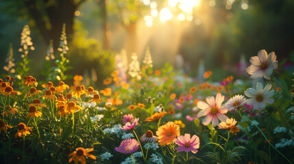The golden hour light bathes a lush flower garden, highlighting the vivid colors and diverse textures of the blooming flora.
