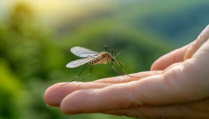 A giant mosquito sitting in a hand, on a palm 