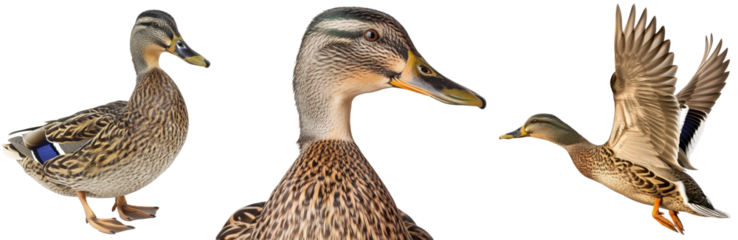 Brown female mallard duck collection, portrait, flying and standing, isolated on a transparent background