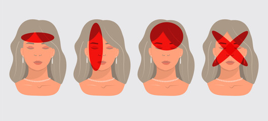 Vector illustration  girl having a headache. Localization and types of headaches. Neurology and medicine.