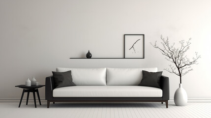 Elegant Monochrome Living Room Design with White Sofa and Decorative Vase