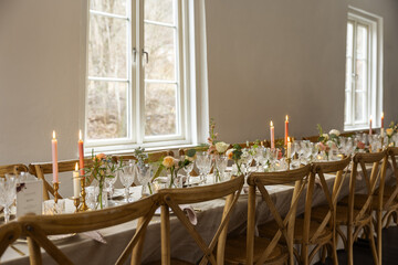 Wedding table setting in a vintage building.