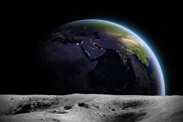 Moon surface and Earth. Elements of this image are furnished by NASA.