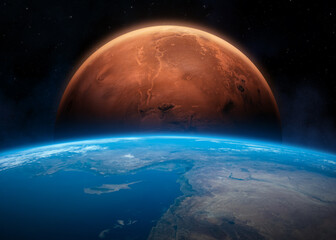 Earth and Mars in space. Solar system planets in deep space. The elements of this image furnished by NASA.