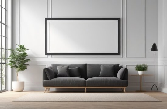 the interior of a modern living room, an empty mockup picture frame on the wall, a lounge area with a sofa and a coffee table, a minimalist interior, indoor plants, gray shades