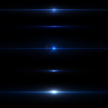 Lens flares and anamorphic lens flare. Blue streak filter effects on black background.
