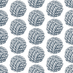  Seamless pattern of knotted ropes cords monkey fist knot ball Nautical thread whipcord with loops and noose, braided, spiral fiber graphic. Illustration hand drawn diagonal grey  white background