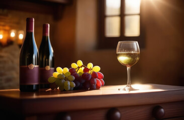 glass of white wine on a wooden table, bottle of wine, bunch of grapes, wine expert, sommelier,...
