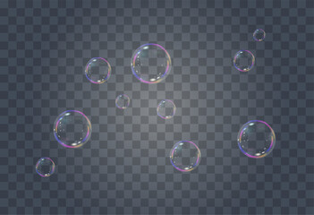 Realistic soap vector bubbles png isolated on transparent background. The effect of falling and flying bubbles. Glass bubble effect.	