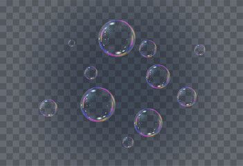 Realistic soap vector bubbles png isolated on transparent background. The effect of falling and flying bubbles. Glass bubble effect.	