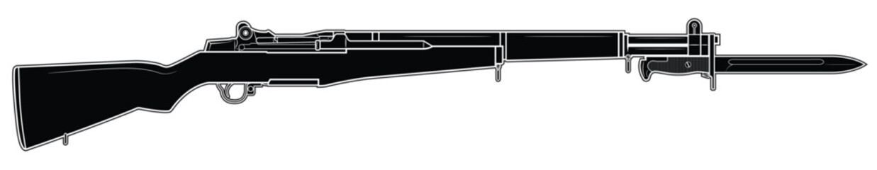 Vector illustration of the M1 Garand rifle with M1905 bayonet on the white background.Black. Right side. - obrazy, fototapety, plakaty