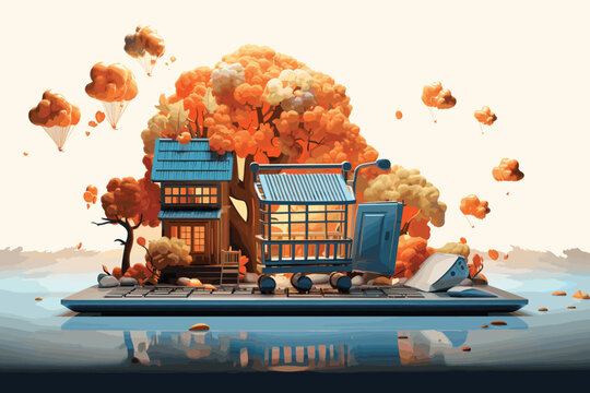 a dreamy image of a small house at the shore surrounded by colorful flying fish circling, surreal, whimsical, 