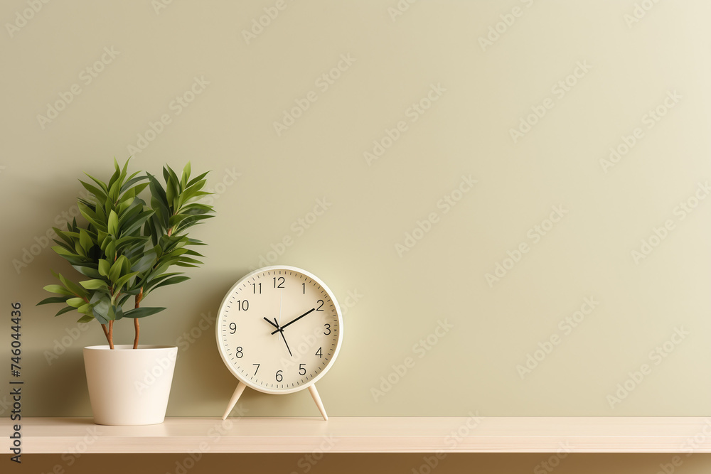 Poster wall mockup with green plant and clock on the shelf on empty cream color background
