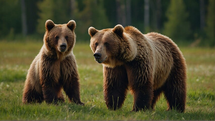 Obraz premium A Breathtaking Natural Scene: Brown Bear Mother Strolling with Her Cub on Green Meadows