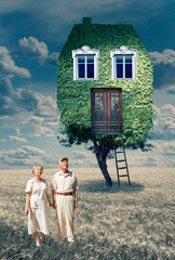 Couple of elderly people standing near eco house. Fantasy house at tree with surreal vintage background - art collage