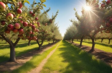 Fototapeta na wymiar red ripe apples hanging on a branch of an apple tree, long rows of apple trees, an orchard of apples, an apple plantation to the horizon, a sunny day