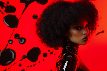 Beauty portrait of a black woman with afro hair in latex suit