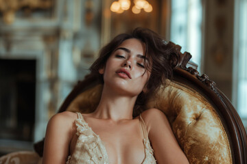 A wealthy woman sensually reclining resting on an antique armchair in her mansion