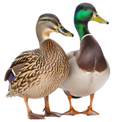 Male and female mallard duck couple isolated on a white background - obrazy, fototapety, plakaty