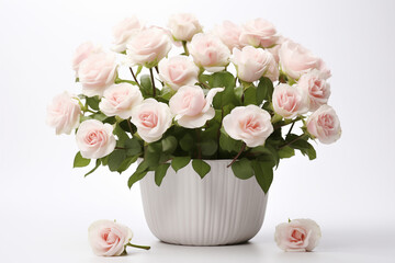 White roses in a pink flowerpot , on the white background 