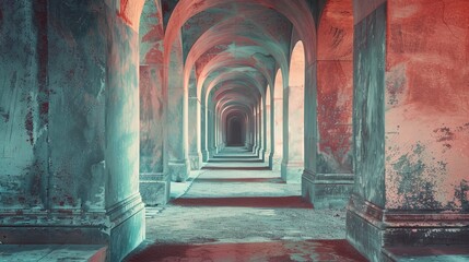 a long corridor with arches and pillars - obrazy, fototapety, plakaty