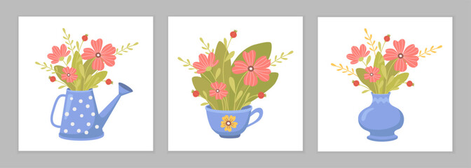 Set of cute card with hand drawn bouquets with blooming flowers. Beautiful flower compositions. Flat vector illustration for greeting card, invitation, stickers, postcard, poster, print. 