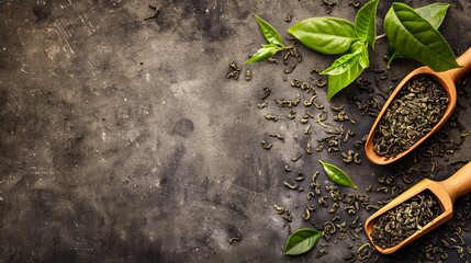 Background of tea leaves, green tea, wooden scoop