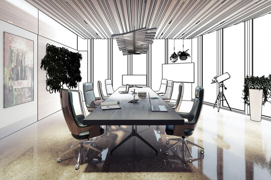Contemporary Meeting Area in Wood Design With Plants and Artwork (draft) - 3D Visualization