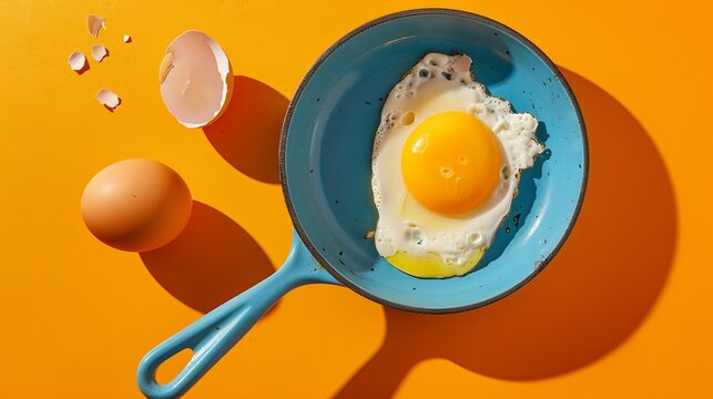 Above image of fried egg on blue skillet next to raw egg and eggshells isolated on orange backdrop