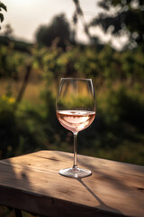 Obraz premium Glass of white wine on the table outdoors on blurred vineyard background