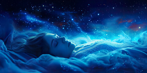 Girl sleeps among stars sky. Blue sky background