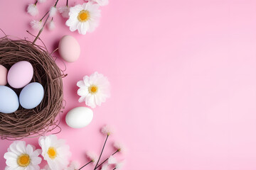 Pastel  colored easter eggs in nest with flowers on side of pink background with copy space - Powered by Adobe