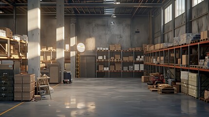 Interior of a warehouse featuring shelves, pallets, and boxes
